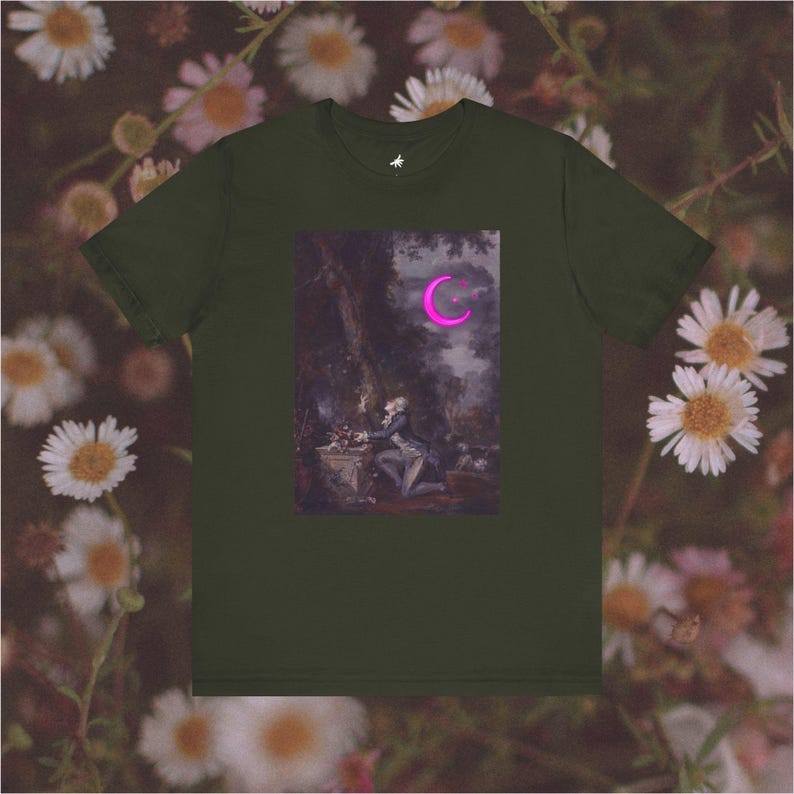 Koszulka Neon Moon – Fantazyjny obraz olejny spotyka muzykę country | Koszulka wyprodukowana etycznie dla miłośników sztuki i muzyki Dark Olive