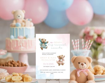 Teddy Bear Gender Reveal Invitation: Pink or Blue Watercolor, Editable Canva Template