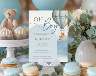 Oh Boy Baby Shower Invitation: Blue Watercolor Hot Air Balloon (Editable Template)