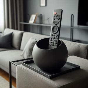 Könnte beinhalten: Ein schwarzer Fernbedienungsständer mit einem runden, schalenförmigen Design. Der Ständer ist aus glattem, mattem Material gefertigt und hat eine einzige Öffnung für die Fernbedienung. Eine schwarze Fernbedienung mit einem roten Knopf befindet sich im Ständer.