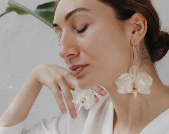 Real Orchid Flower Resin Dangle Earrings: Handmade Floral Bridal Jewelry