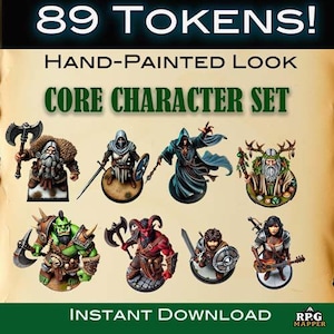 May include: A set of 89 hand-painted character tokens for role-playing games. The tokens feature a variety of fantasy characters, including a dwarf, a wizard, an elf, an orc, and a demon. The tokens are designed to be used with tabletop role-playing games.
