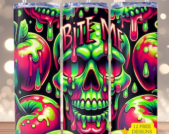 Poison Apple Tumbler Wrap Bite Me 20oz Skinny Tumbler Halloween Tumbler PNG Spooky Sublimation Digital Download Seamless