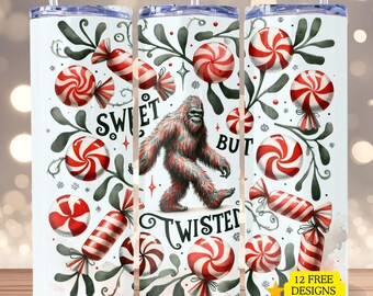 Funny Christmas Sasquatch 20 oz Skinny Tumbler Wrap Candy Cane Sublimation Tumbler Wrap Sweet But Twisted Tumbler PNG Christmas Tumbler Wrap