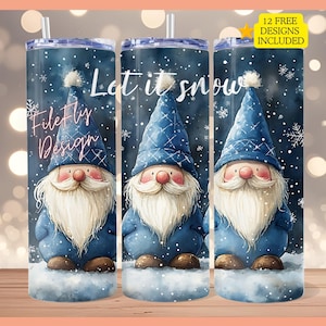 Let It Snow Gnome 20oz Skinny Tumbler Wrap Christmas Gnome Sublimation Tumbler Design Template Digital Download Snowflake PNG Design