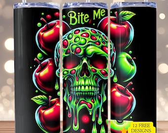 Poison Apple Tumbler Wrap Bite Me 20oz Skinny Tumbler Halloween Tumbler PNG Spooky Sublimation Digital Download Seamless