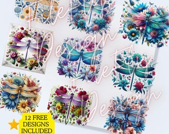 Watercolor Dragonfly Floral Clipart Sublimation Bundle Insect PNG Clipart Decorative Collection Dragonfly Card Making Invitation PNG set