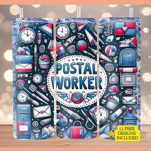 Employé des postes 20 oz gobelet mince Wrap sublimation design mignon facteur lettre timbre collage téléchargement numérique PNG livraison sans couture
