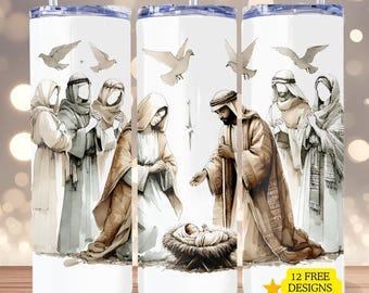 Nativity Scene  20 oz Skinny Tumbler Wrap Christian Sublimation Tumbler Wrap Jesus Is The Reason For The Season PNG Christmas Tumbler Wrap
