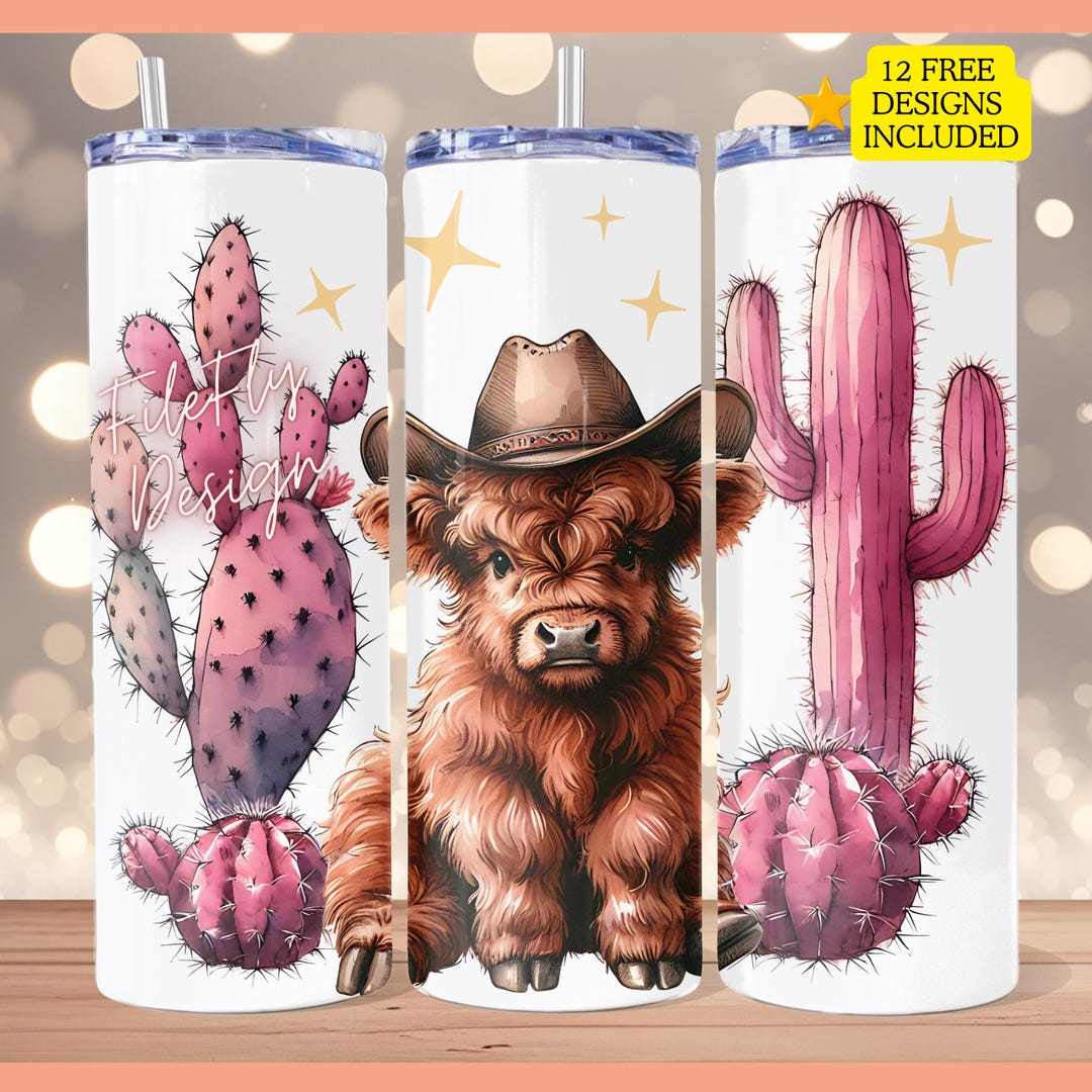 Cosmic Cowgirl Highland Cow Pink Cacti Tumbler Wrap 20 Oz Skinny ...