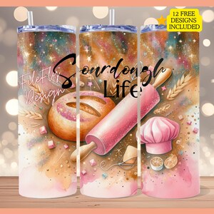 May include: A set of three stainless steel tumblers with a pink and gold design featuring a loaf of bread, a rolling pin, and a chef's hat. The tumblers have a sparkly background and the text "Sourdough Life" is printed on the front.
