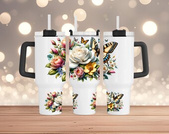 Boho Flowers 40oz Tumbler Wrap Butterfly 40oz Tumbler PNG Floral 40oz Sublimation Tumbler Design 40oz Tumbler Template Vintage Floral