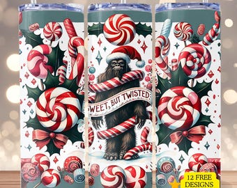Funny Christmas Sasquatch 20 oz Skinny Tumbler Wrap Candy Cane Sublimation Tumbler Wrap Sweet But Twisted Tumbler PNG Christmas Tumbler Wrap