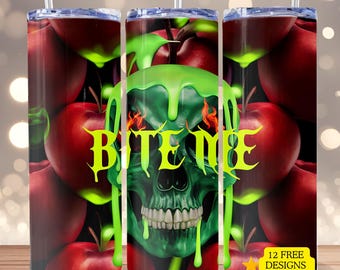 Poison Apple Tumbler Wrap Bite Me 20oz Skinny Tumbler Halloween Tumbler PNG Spooky Sublimation Digital Download Seamless