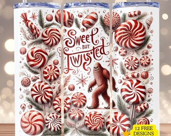 Funny Christmas Sasquatch 20 oz Skinny Tumbler Wrap Candy Cane Sublimation Tumbler Wrap Sweet But Twisted Tumbler PNG Christmas Tumbler Wrap