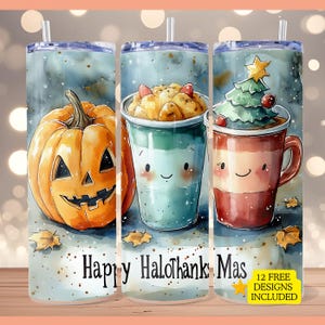 Happy Hallothanksmas 20 oz Skinny Tumbler Halloween PNG Sublimation Design Digital Christmas png Thanksgiving PNG Funny Holiday Design