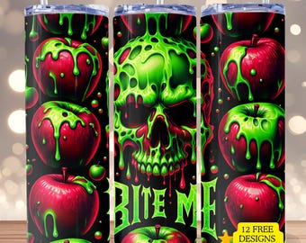 Poison Apple Tumbler Wrap Bite Me 20oz Skinny Tumbler Halloween Tumbler PNG Spooky Sublimation Digital Download Seamless