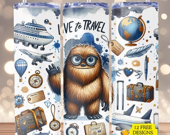 Travel Sasquatch 20 oz tumbler wrap PNG, World Traveler Tumbler Design, Skinny tumbler png design, Girls Trip design wrap, digital download