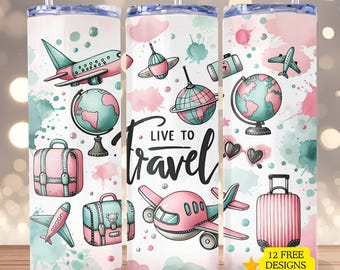 Travel 20 oz tumbler wrap PNG, World Traveler Tumbler Design, Skinny tumbler png design, Girls Trip design wrap, digital download Pink