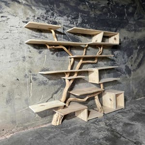 Op de afbeelding: Een houten plankenstel met een boomtakontwerp. De planken zijn gemaakt van natuurlijk hout en zijn op een unieke en creatieve manier gerangschikt. Het plankenstel is perfect om boeken, planten of andere decoratieve items te presenteren.