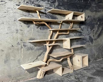 Tree branch floating book shelf decor solid wood unique floor bookcase art on wall mount decorations