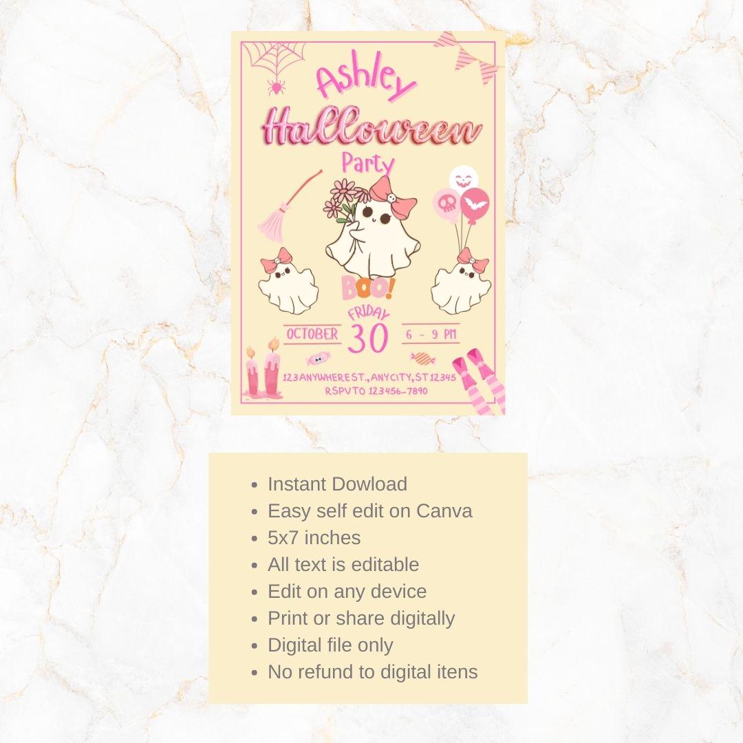 Editable Pink Halloween Party Invitation Cute Ghost Template - Etsy