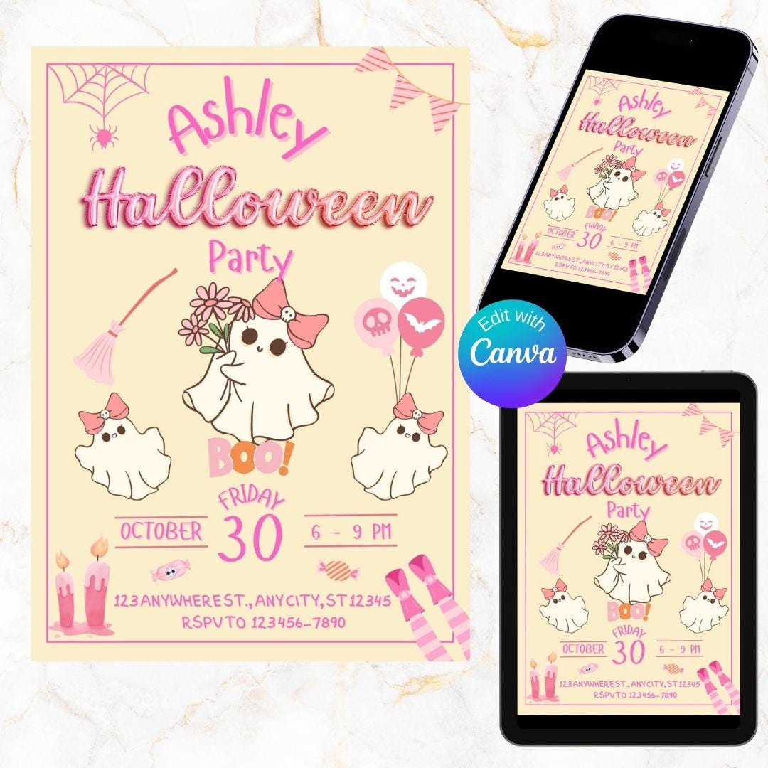 Editable Pink Halloween Party Invitation Cute Ghost Template - Etsy