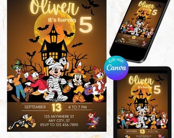 Könnte beinhalten: Halloween-Partyeinladung mit Mickey Mouse und seinen Freunden in Kostümen. Die Einladung ist für Olivers 5. Geburtstagsparty am 13. September von 16:00 bis 19:00 Uhr. Die Einladung enthält die Adresse und RSVP-Informationen.