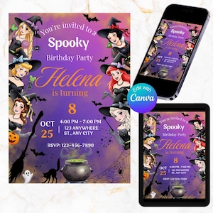 Può includere: Un invito digitale per una "Spooky Birthday Party" con illustrazioni di principesse con cappelli da strega. L'invito include il nome "Helena", l'età "8", la data, l'ora e le informazioni RSVP. Il design è mostrato su un telefono e un tablet.