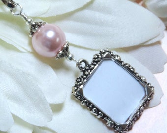 Wedding bouquet photo charm with pink pearl. Memorial photo charm. Bridal bouquet charm. Photo jewelry. Gift for the bride.