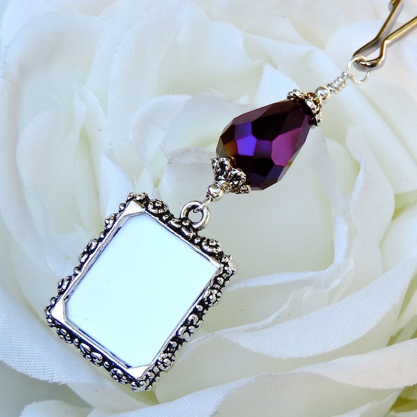 Wedding bouquet photo charm with a teardrop crystal. Small picture frame keepsake. Memorial photo charm.