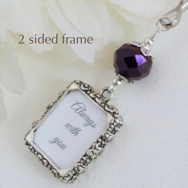 Wedding bouquet photo charm with 2 sided frame and crystal. Remembrance charm- double sided. Wedding keepsake. Bridal shower gift.