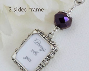 Wedding bouquet photo charm with 2 sided frame and crystal. Remembrance charm- double sided. Wedding keepsake. Bridal shower gift.