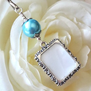 Something blue for the bride to be. Wedding bouquet photo charm with a one or 2 sided small picture frame. image 1