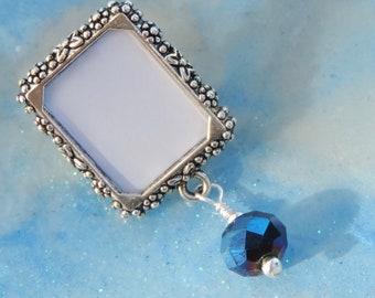 Memorial photo lapel pin with blue crystal and small picture frame. Remembrance photo jewelry.