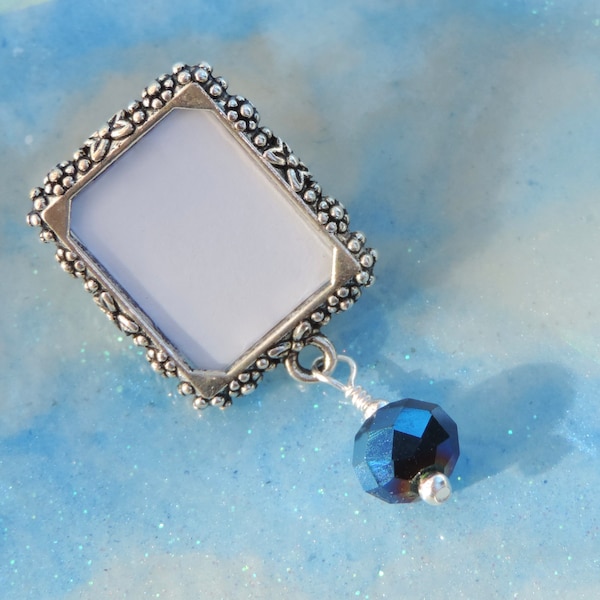 Memorial photo lapel pin with blue crystal and small picture frame. Remembrance photo jewelry.