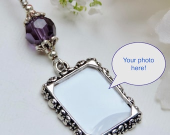 Wedding bouquet photo charm with royal purple crystal and small picture frame. Bride’s wedding keepsake. Memorial photo charm.