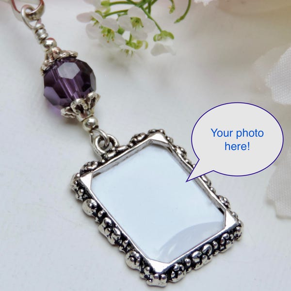 Wedding bouquet photo charm with royal purple crystal and small picture frame. Bride’s wedding keepsake. Memorial photo charm.