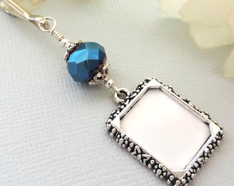 Something blue. Wedding bouquet photo charm. Bridal bouquet charm with small picture frame. Wedding keepsake. Memorial photo charm