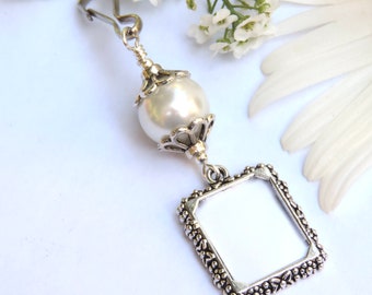 Memorial frame charm with blue pink or white shell pearl. Wedding bouquet photo charm