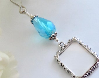 Wedding Bouquet Photo Charm: Antique Silver, Blue Crystal, Memorial Keepsake