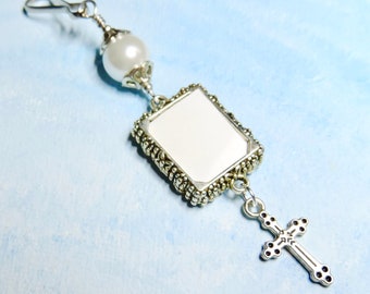 Memorial photo charm with 2 sided frame, white shell pearl and small cross. Confirmation or baptism charm- DIY photo, or I do photo.