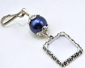 Wedding bouquet charm with a small picture frame and a navy blue pearl bead. Something blue for the bride. Bridal shower or wedding day gift