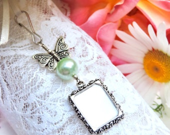 Wedding bouquet photo charm with Butterfly and shell pearl. Bridal memorial photo charm with butterfly.