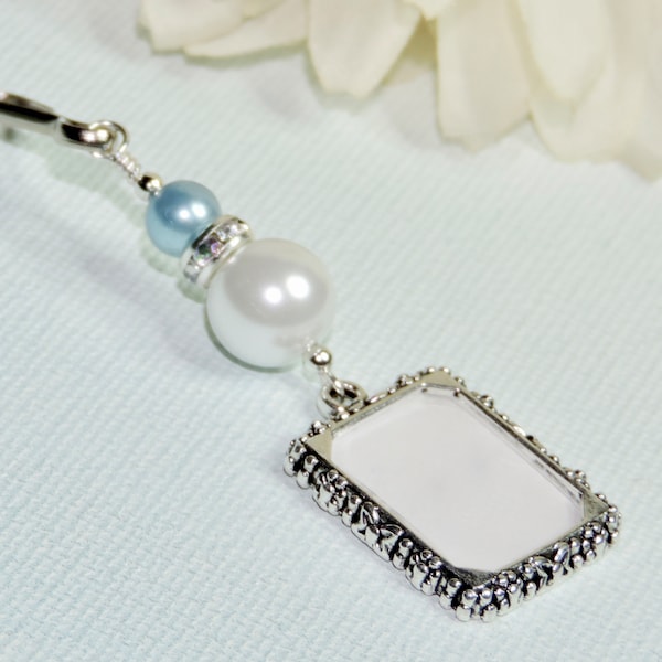 Something blue wedding bouquet charm.  Memorial photo charm with one or 2 sided frame. Wedding memento.