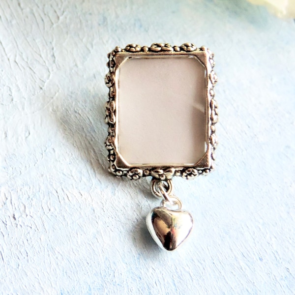 Memorial photo lapel pin with tiny heart and small picture frame. Graduation gift. Remembrance photo brooch. DIY or I do photo.