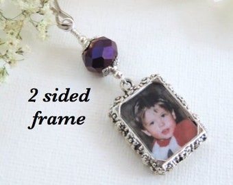 Wedding bouquet photo charm with 2 sided frame and crystal. Remembrance charm- double sided. Wedding keepsake. Bridal shower gift.