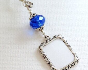 Wedding bouquet photo charm featuring a small picture frame and crystal bead. Memorial photo charm. Something blue for a bride.