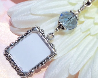 Wedding bouquet photo charm. Something blue for the bride to be. Memorial keepsake. Gift for her. Bridal shower gift.