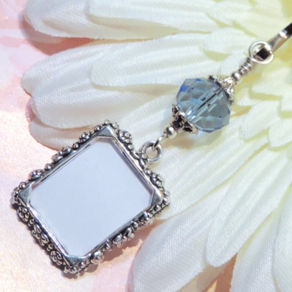 Wedding bouquet photo charm. Something blue for the bride to be. Memorial keepsake. Gift for her. Bridal shower gift.